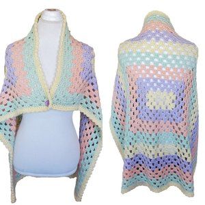 Afghan Knit Pastel Shawl‎ Wrap Button Closure Soft Girl Kawaii One Size Spring
